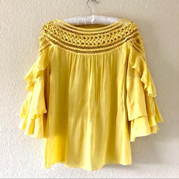 Esley Tops - Esley Flutter Sleeve Yellow Blouse